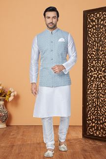 Picture of  Royal White and Light Aqua Blue Designer Men’s Kurta Jacket Sets for Engagement, Festivals, Reception, Sangeet, and Party
