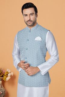 Picture of  Royal White and Light Aqua Blue Designer Men’s Kurta Jacket Sets for Engagement, Festivals, Reception, Sangeet, and Party