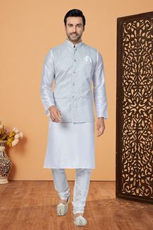 Picture of  Vibrant White and Light Grey Designer Men’s Kurta Jacket Sets for Engagement, Festivals, Reception, Sangeet, and Party