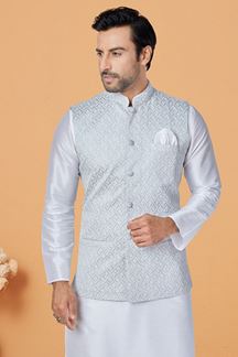 Picture of  Vibrant White and Light Grey Designer Men’s Kurta Jacket Sets for Engagement, Festivals, Reception, Sangeet, and Party