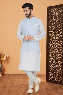 Picture of  Amazing White and Sky Blue Designer Men’s Kurta Jacket Sets for Engagement, Festivals, Reception, Sangeet, and Party