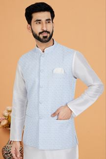 Picture of  Amazing White and Sky Blue Designer Men’s Kurta Jacket Sets for Engagement, Festivals, Reception, Sangeet, and Party