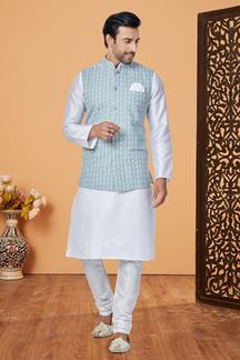 Picture of  Awesome White and Light Greyish Blue Designer Men’s Kurta Jacket Sets for Engagement, Festivals, Reception, Sangeet, and Party