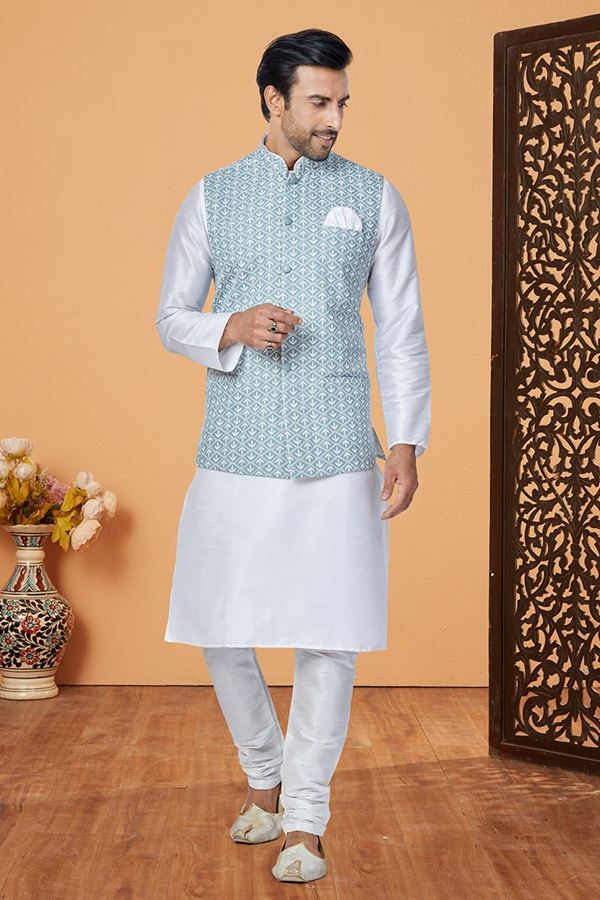 Picture of  Awesome White and Light Greyish Blue Designer Men’s Kurta Jacket Sets for Engagement, Festivals, Reception, Sangeet, and Party