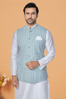 Picture of  Awesome White and Light Greyish Blue Designer Men’s Kurta Jacket Sets for Engagement, Festivals, Reception, Sangeet, and Party