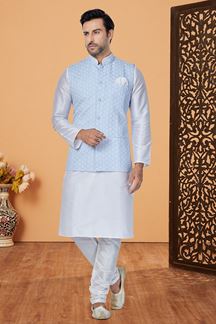 Picture of  Marvelous White and Sky Blue Designer Men’s Kurta Jacket Sets for Engagement, Festivals, Reception, Sangeet, and Party