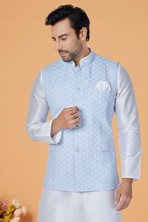 Picture of  Marvelous White and Sky Blue Designer Men’s Kurta Jacket Sets for Engagement, Festivals, Reception, Sangeet, and Party