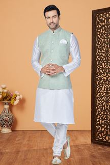 Picture of  Fancy White and Pista Designer Men’s Kurta Jacket Sets for Engagement, Festivals, Reception, Sangeet, and Party