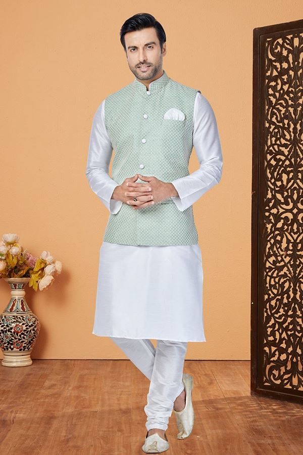 Picture of  Fancy White and Pista Designer Men’s Kurta Jacket Sets for Engagement, Festivals, Reception, Sangeet, and Party