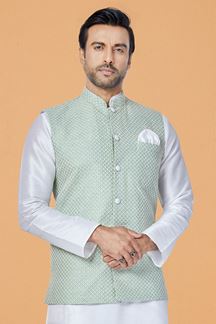 Picture of  Fancy White and Pista Designer Men’s Kurta Jacket Sets for Engagement, Festivals, Reception, Sangeet, and Party