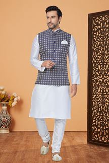 Picture of  Elegant White and Blue Designer Men’s Kurta Jacket Sets for Engagement, Festivals, Reception, Sangeet, and Party
