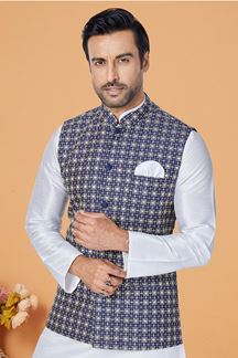 Picture of  Elegant White and Blue Designer Men’s Kurta Jacket Sets for Engagement, Festivals, Reception, Sangeet, and Party