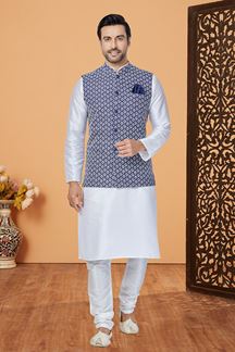 Picture of  Dashing White and Blue Designer Men’s Kurta Jacket Sets for Engagement, Festivals, Reception, Sangeet, and Party