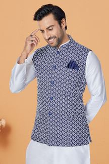 Picture of  Dashing White and Blue Designer Men’s Kurta Jacket Sets for Engagement, Festivals, Reception, Sangeet, and Party