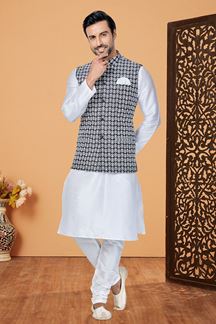 Picture of  Attractive White and Black Designer Men’s Kurta Jacket Sets for Engagement, Festivals, Reception, Sangeet, and Party