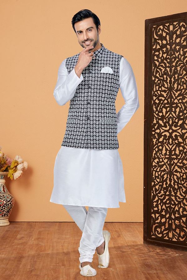 Picture of  Attractive White and Black Designer Men’s Kurta Jacket Sets for Engagement, Festivals, Reception, Sangeet, and Party