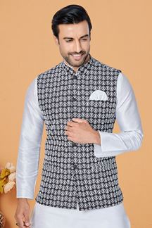 Picture of  Attractive White and Black Designer Men’s Kurta Jacket Sets for Engagement, Festivals, Reception, Sangeet, and Party