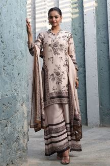 Picture of Aesthetic Beige Designer Straight Cut Suit for Festivals, Sangeet, and Parties