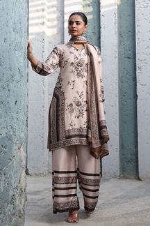 Picture of Aesthetic Beige Designer Straight Cut Suit for Festivals, Sangeet, and Parties