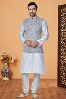 Picture of  Stylish White and Grey Designer Men’s Kurta Jacket Sets for Engagement, Festivals, Reception, Sangeet, and Party