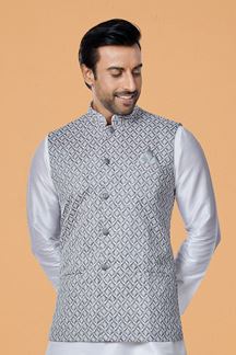 Picture of  Stylish White and Grey Designer Men’s Kurta Jacket Sets for Engagement, Festivals, Reception, Sangeet, and Party