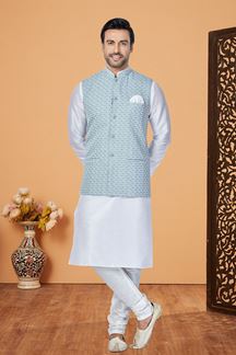 Picture of  Aesthetic White and Light Greyish Blue Designer Men’s Kurta Jacket Sets for Engagement, Festivals, Reception, Sangeet, and Party