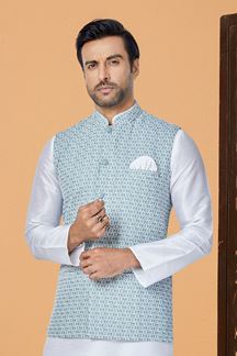 Picture of  Aesthetic White and Light Greyish Blue Designer Men’s Kurta Jacket Sets for Engagement, Festivals, Reception, Sangeet, and Party