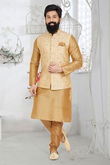 Picture of  Captivating Chiku and Cream Designer Men’s Kurta Jacket Sets for Engagement, Wedding, Festivals, Reception, Sangeet, and Party