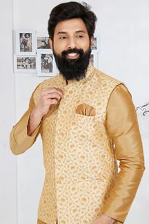 Picture of  Captivating Chiku and Cream Designer Men’s Kurta Jacket Sets for Engagement, Wedding, Festivals, Reception, Sangeet, and Party
