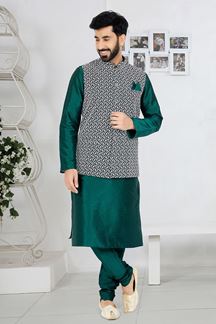 Picture of  Charismatic Rama Green Designer Men’s Kurta Jacket Sets for Engagement, Wedding, Festivals, Reception, Sangeet, and Party