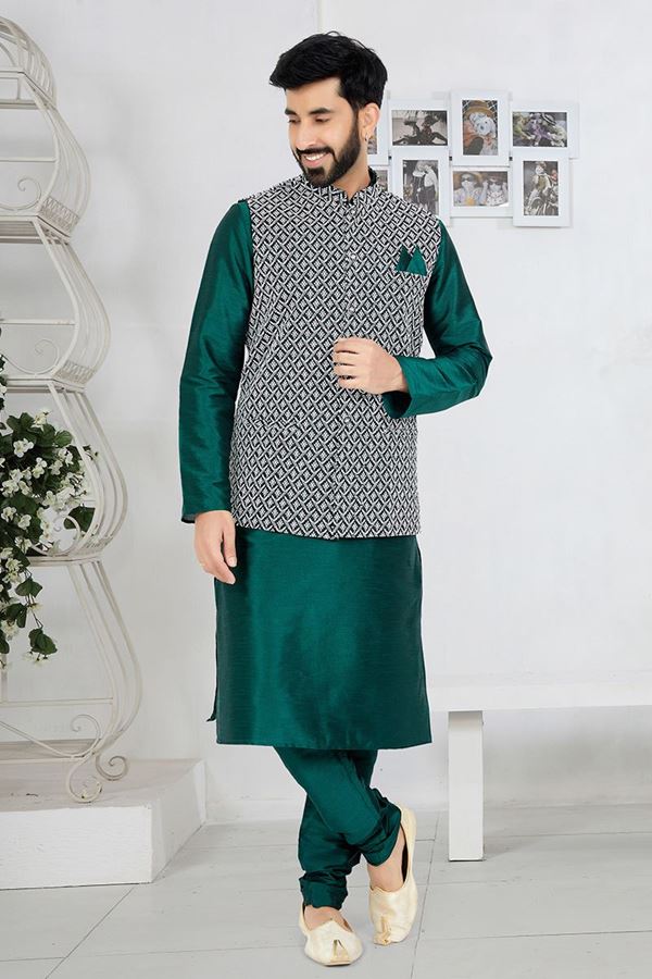 Picture of  Charismatic Rama Green Designer Men’s Kurta Jacket Sets for Engagement, Wedding, Festivals, Reception, Sangeet, and Party