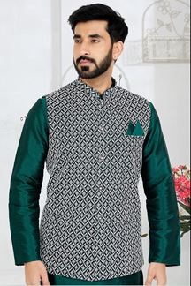 Picture of  Charismatic Rama Green Designer Men’s Kurta Jacket Sets for Engagement, Wedding, Festivals, Reception, Sangeet, and Party