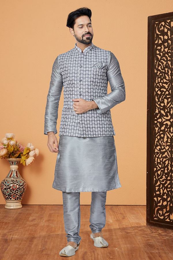 Picture of  Spectacular Grey Designer Men’s Kurta Jacket Sets for Engagement, Festivals, Reception, Sangeet, and Party