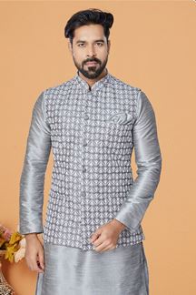 Picture of  Spectacular Grey Designer Men’s Kurta Jacket Sets for Engagement, Festivals, Reception, Sangeet, and Party