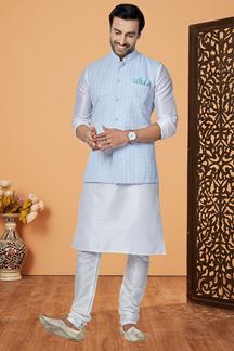 Picture of  Majestic Off-White and Sky Blue Designer Men’s Kurta Jacket Sets for Engagement, Festivals, Reception, Sangeet, and Party