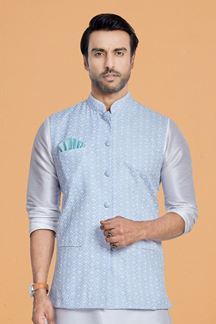 Picture of  Majestic Off-White and Sky Blue Designer Men’s Kurta Jacket Sets for Engagement, Festivals, Reception, Sangeet, and Party