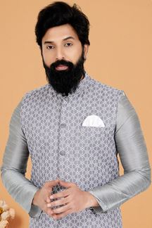 Picture of  Fashionable Grey Designer Men’s Kurta Jacket Sets for Engagement, Festivals, Reception, Sangeet, and Party