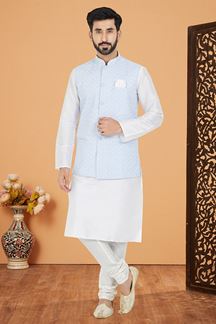Picture of  Magnificent White and Sky Blue Designer Men’s Kurta Jacket Sets for Engagement, Festivals, Reception, Sangeet, and Party