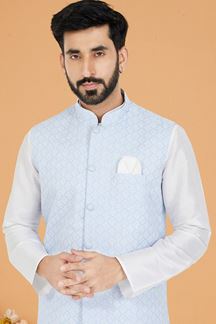 Picture of  Magnificent White and Sky Blue Designer Men’s Kurta Jacket Sets for Engagement, Festivals, Reception, Sangeet, and Party
