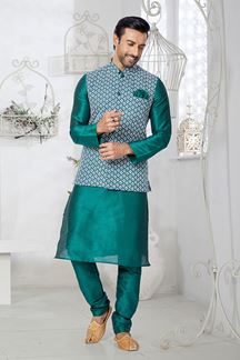 Picture of  Impressive Rama Green and Multi Designer Men’s Kurta Jacket Sets for Engagement, Wedding, Festivals, Reception, Sangeet, and Party