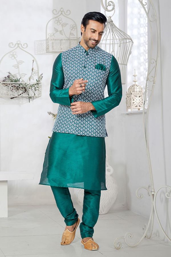 Picture of  Impressive Rama Green and Multi Designer Men’s Kurta Jacket Sets for Engagement, Wedding, Festivals, Reception, Sangeet, and Party