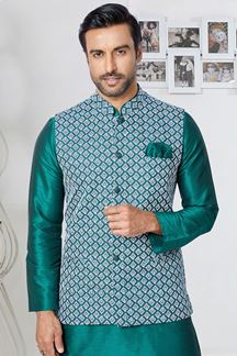 Picture of  Impressive Rama Green and Multi Designer Men’s Kurta Jacket Sets for Engagement, Wedding, Festivals, Reception, Sangeet, and Party