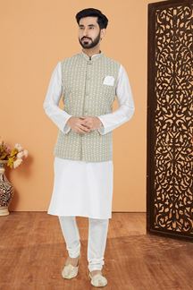 Picture of  Delightful White and Light Mehendi Designer Men’s Kurta Jacket Sets for Engagement, Festivals, Reception, Sangeet, and Party