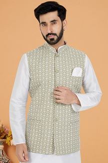 Picture of  Delightful White and Light Mehendi Designer Men’s Kurta Jacket Sets for Engagement, Festivals, Reception, Sangeet, and Party