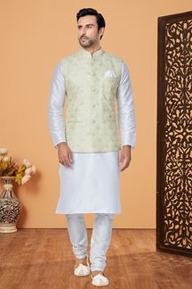 Picture of  Exquisite White and Light Mehendi Designer Men’s Kurta Jacket Sets for Engagement, Festivals, Reception, Sangeet, and Party