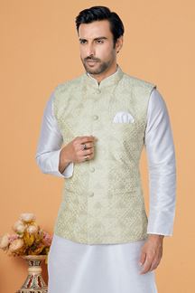 Picture of  Exquisite White and Light Mehendi Designer Men’s Kurta Jacket Sets for Engagement, Festivals, Reception, Sangeet, and Party