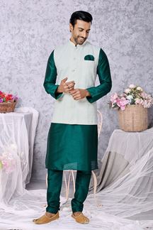 Picture of  Charming Rama Green and Off-White Designer Men’s Kurta Jacket Sets for Engagement, Festivals, Reception, Sangeet, and Party