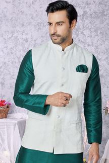 Picture of  Charming Rama Green and Off-White Designer Men’s Kurta Jacket Sets for Engagement, Festivals, Reception, Sangeet, and Party