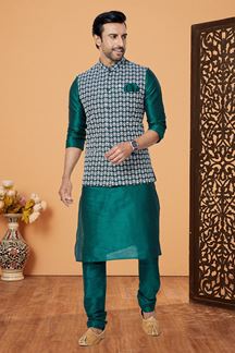 Picture of  Exuberant Rama Green Designer Men’s Kurta Jacket Sets for Engagement, Wedding, Festivals, Reception, Sangeet, and Party