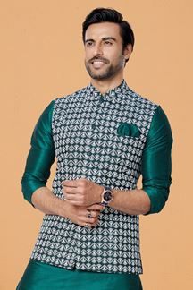 Picture of  Exuberant Rama Green Designer Men’s Kurta Jacket Sets for Engagement, Wedding, Festivals, Reception, Sangeet, and Party